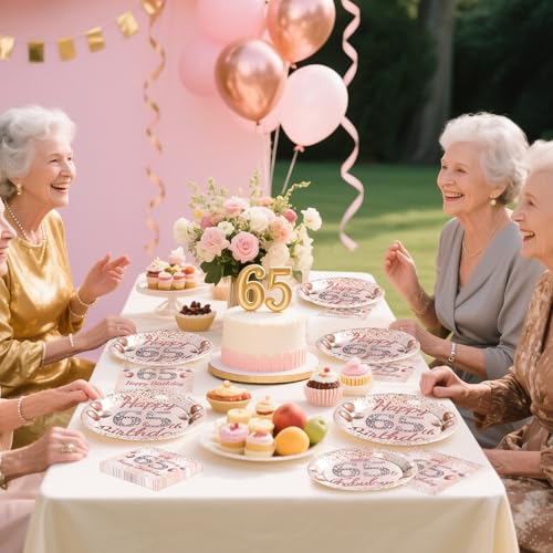 Rose Gold 65th Birthday Party Supplies Set for 24 Guests