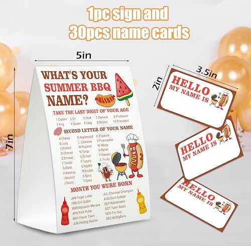 Summer BBQ Name Game Set with Sign & 30 Stickers for Parties