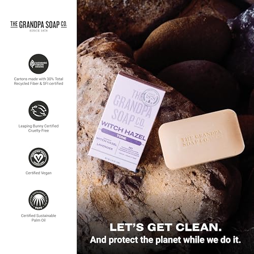 Grandpa's Witch Hazel Bar Soap with Lavender - Vegan Skin Toning Soap, 4-Pack