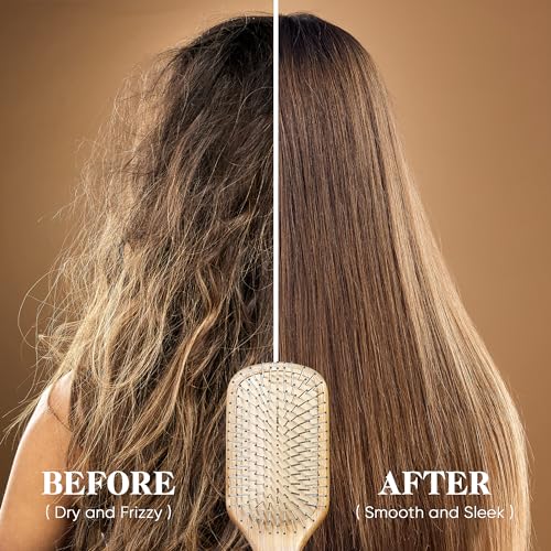 BFWood Bamboo Hair Brush with Metal Bristles for Detangling and Scalp