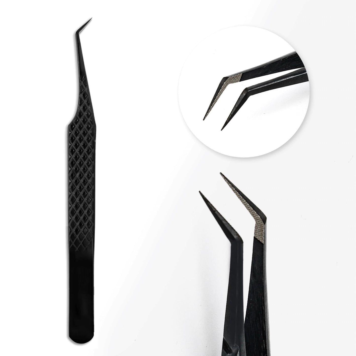 TDANCE Lash Tweezers for Eyelash Extensions, Diamond Grip 45 Degree Fiber Tip Lash Tweezers, Stainless Steel Lash Extension Tweezers(Black-04)