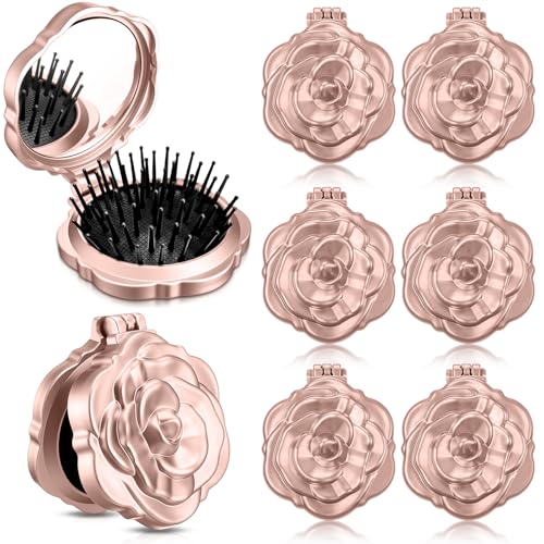 Sunnychicc 6 Pcs Rose Gold Travel Hairbrush with Mirror - Compact & Portable