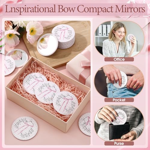 30 Pcs Mini Christian Compact Mirrors with Bible Verses, Pink Bow Makeup Gift