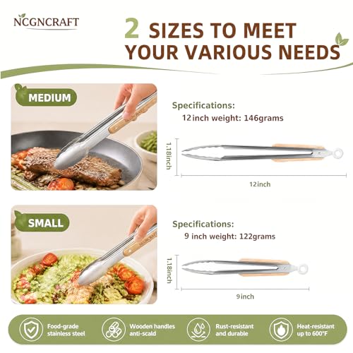 Stainless Steel Kitchen Tongs Set with Oak Wood Handle - 9" & 12"