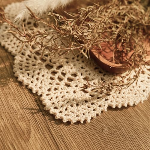 Handmade Crochet Cotton Doilies - Rectangular Table Placemats (Set of 2, 10 x 17 inch, Beige)