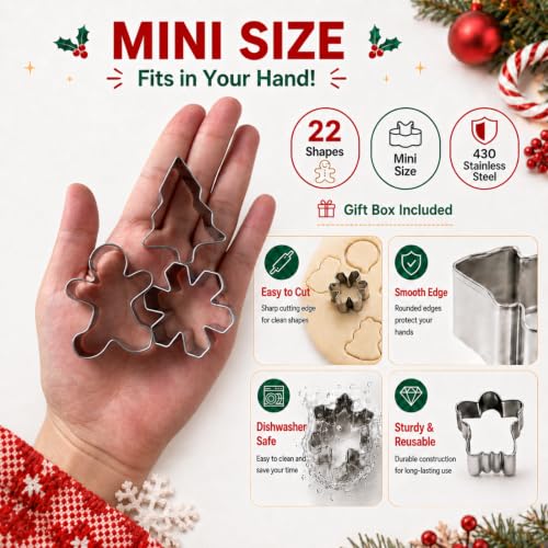 22-Piece Mini Christmas Cookie Cutter Set - Stainless Steel Shapes