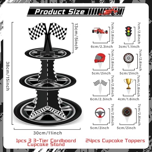 Race Car Cupcake Stand with 24 Toppers - 3 Tier Dessert Holder