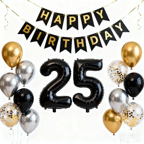 25th Birthday Decorations Set for Men - Black, Gold & Silver Balloons