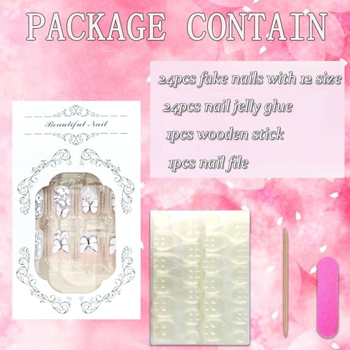 FIEONCIY Short Square Press on Nails with Designs - White Butterfly Floral, Glossy Fake Nails for Women & Girls