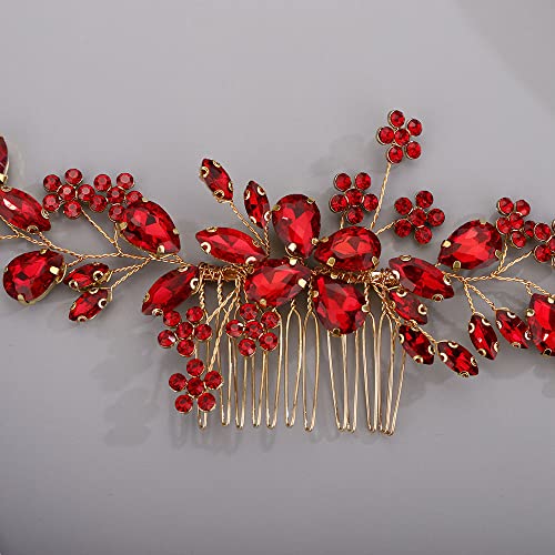 Chargances Handmade Red Crystal Gemstone Hair Comb Bridal Headpiece Wedding Accessory