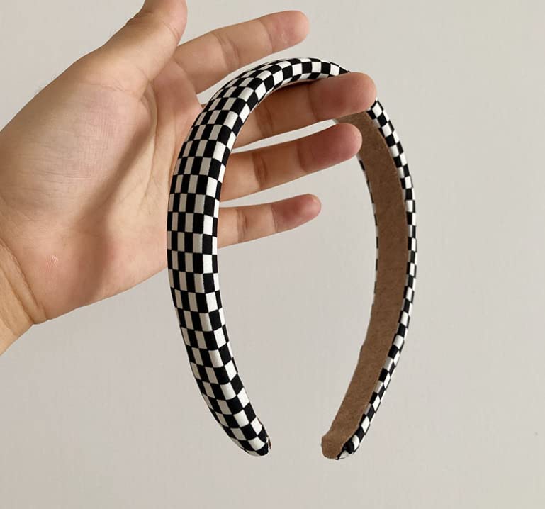 Black and White Checkered Headband for Women - Stretchable Tartan Hair Accessory