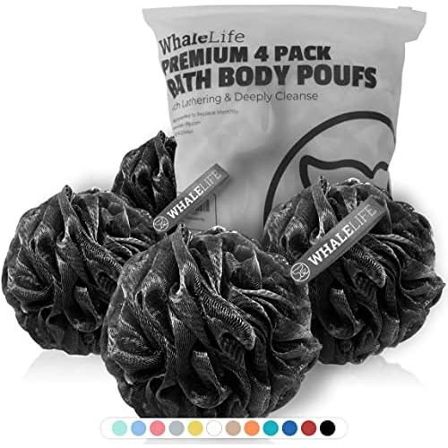 WhaleLife Loofah Bath Sponges - Black Gentle Exfoliating Shower Loofah for Rich Lather, Durable Mesh Body Scrubber for Men & Women 4 Pack