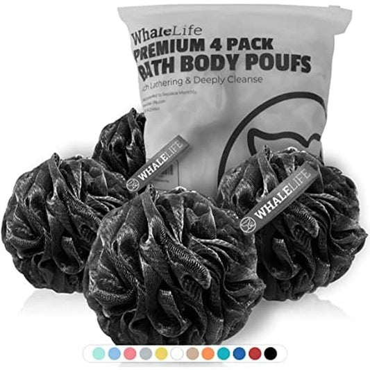 WhaleLife Loofah Bath Sponges - Black Gentle Exfoliating Shower Loofah for Rich Lather, Durable Mesh Body Scrubber for Men & Women 4 Pack