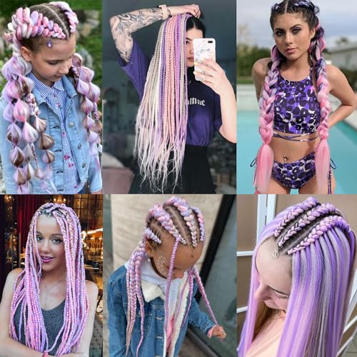 Orgwigs 24 Inch Colorful Glow in Dark Braiding Hair Extensions - White Pink Purple 3 Pack
