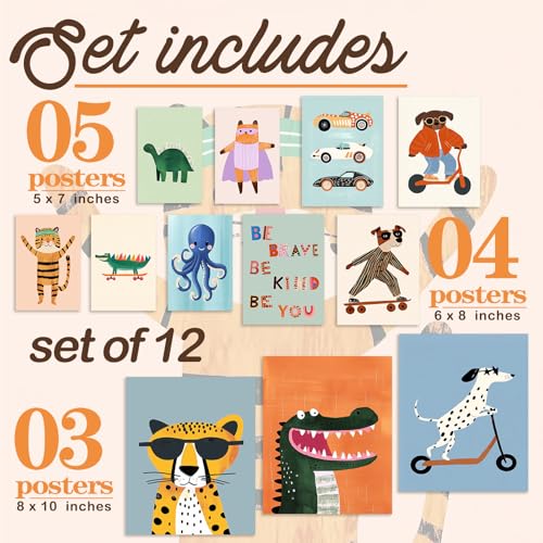 Cartoon Animal & Vehicle Canvas Wall Art - 12Pcs Nursery Decor