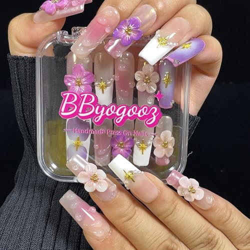 BByogooz Handmade 3D Sakura Press On Nails - Square French Tip Acrylic Set