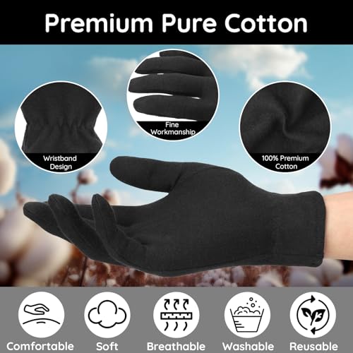 Segbeauty Medium Black Cotton Gloves for Women & Men, Olive 12 Pairs, Moisturizing Overnight Hand Spa