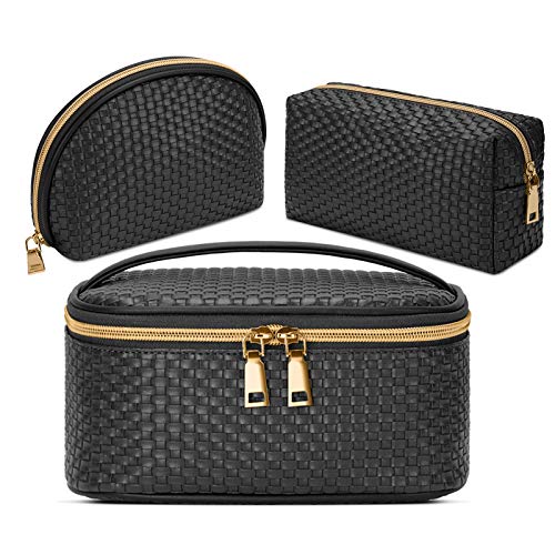 KTMOUW 3-Piece Waterproof Travel Makeup Bag Set - Woven PU Leather Organizer