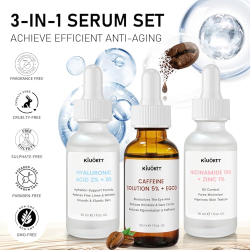 KIUORET 3-Piece Anti-Aging Face Serum Set: Caffeine, Niacinamide & Hyaluronic