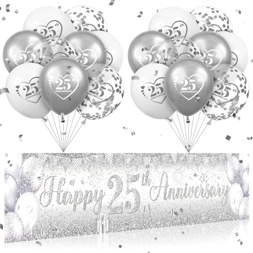 Silver 25th Anniversary Decorations Kit with Banner & Balloons