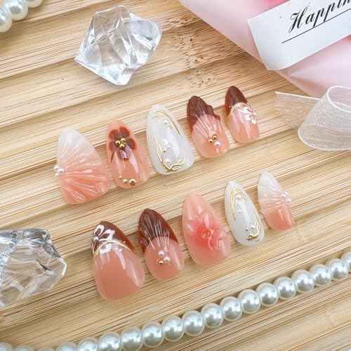 Red French Tip Press-On Nails with 3D Flower Designs - 24 Pcs