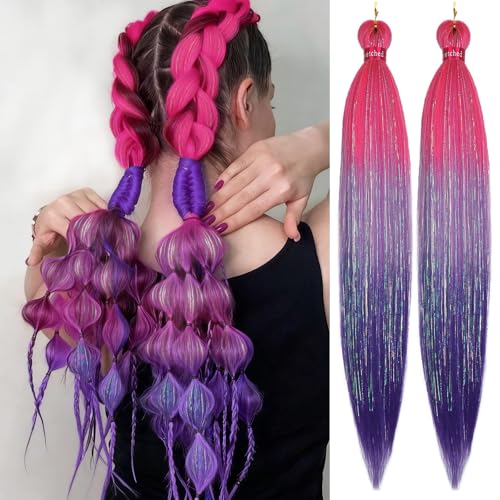 PreAfriBr Ombre Pink/Purple Tinsel Braiding Hair 26 Inch Pre Stretched Box Braids 2 Pack
