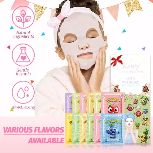 Kaely 12-Pack Fruit Face Masks for Kids & Teens - Variety Set, Spa Day & Party Favors