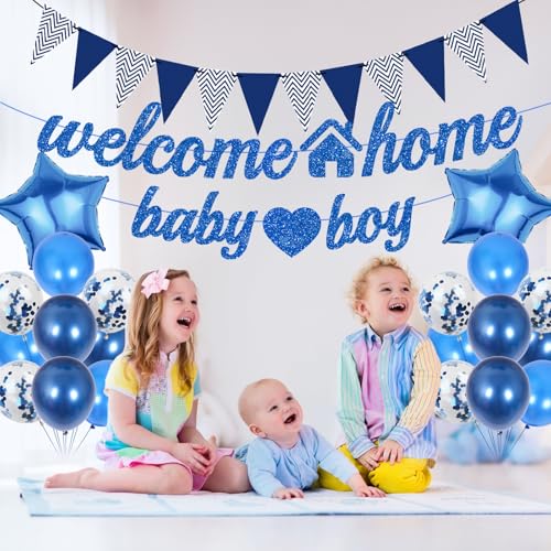 Welcome Home Baby Boy Decoration Set - 22 Pcs Blue Banners & Balloons