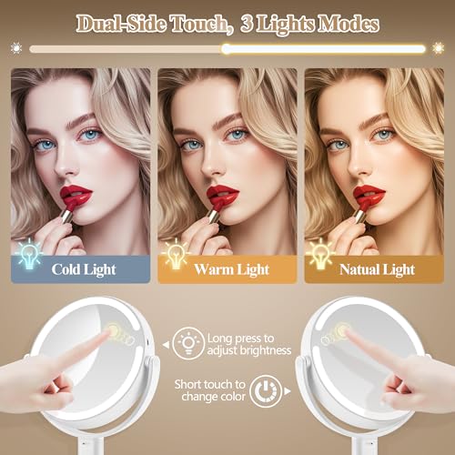 MOMOKUBA Makeup Mirror with Lights, Double Sided 1x/20x Magnifying Mirror with Light, Rechargeable 3 Color Lights and Adjustable Brightness, 360¡Æ Rotation Detachable Comes with Tweezer(White)