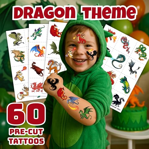Pre-Cut Dragon Temporary Tattoos for Kids - 60 Pcs Party Favors