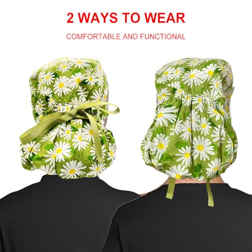 Aoolii Care Green Chrysanthemum Scrub Cap with Buttons & Sweatband - Adjustable Tie Back, One Size