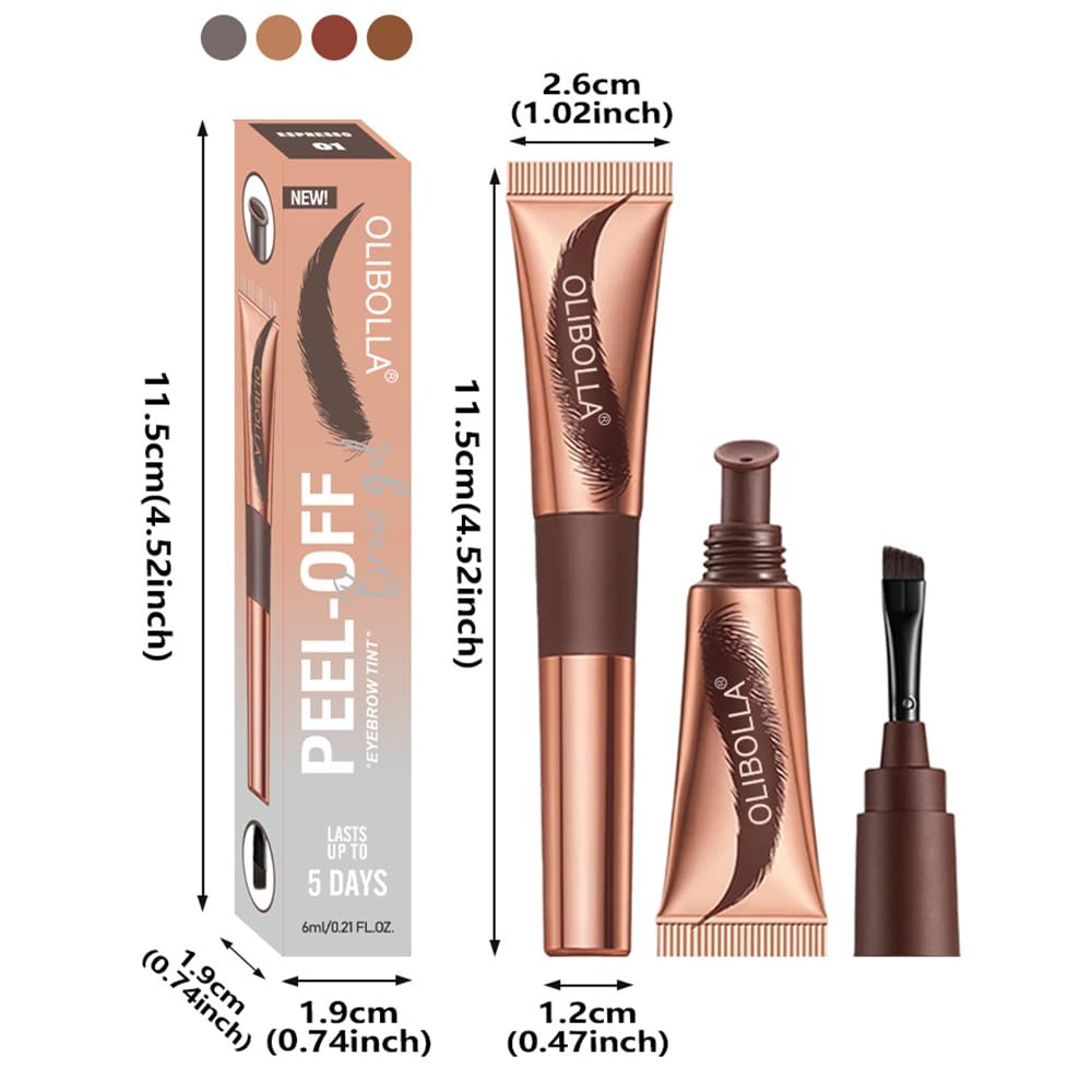 FeiCuiYun 2Pcs Eyebrow Tattoo Peel Off Tint Gel for Women, Red Brown Peel Off Eyebrow Tint with 150°Small Curved Tray with Tweezer, Last Up to 5 Days, Waterproof, Fuller & Defined Looking Brows