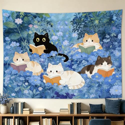 Blue Cat Garden Tapestry - 60x40 Inch Floral Wall Hanging