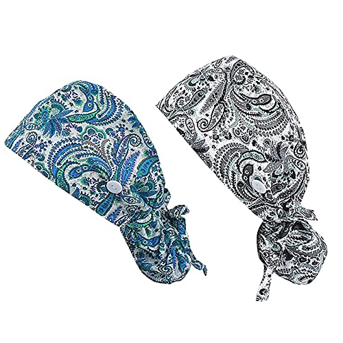 FOHEEL Multicolor Ponytail Scrub Cap for Women with Buttons & Ribbon Tie - Long Hair Chemo & Medical Headwear