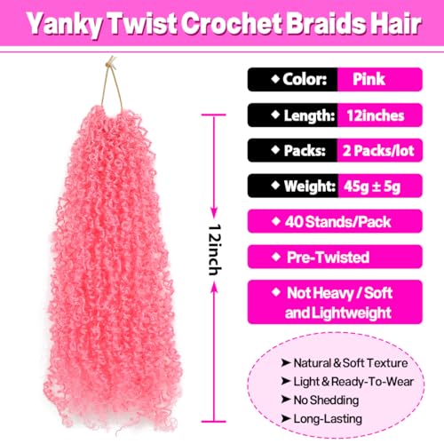 Youngther 12 Inch Pink Yanky Twist Crochet Hair - Pre-Twisted Synthetic Extensions (2 Pack)