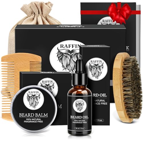 RAFFIN Men's Beard Grooming Kit with Oil, Balm, Brush & Keychain - Father's Day Gift Set
