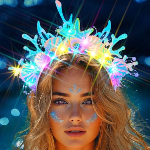 JEAIRTS Light Up Mermaid Shell Headband Glowing Hair Accessories for Costumes