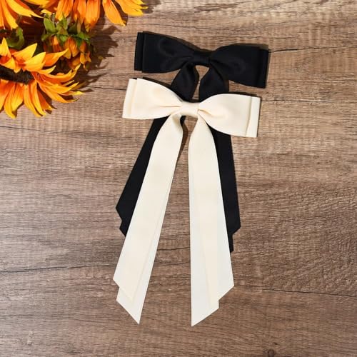 2PCS Handmade Satin Hair Bows Clips for Women & Girls - Beige & Black