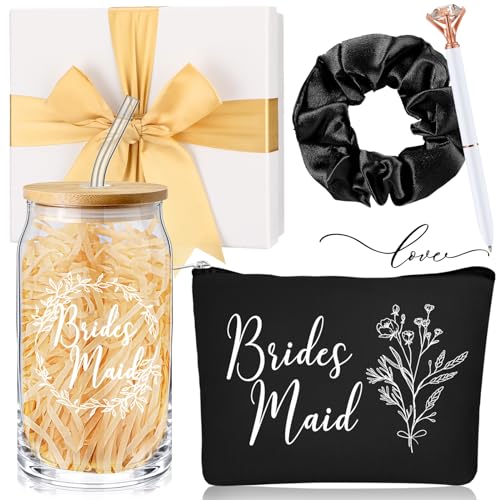 Umigy Bridesmaid Gift Box Set Black/White with Glass Cup Makeup Bag & Accessories