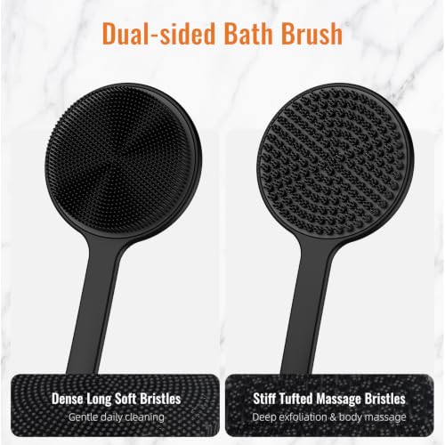 VWMYQ Black 17-Inch Silicone Back Scrubber with Long Handle - Double Sided Shower Body Brush for Exfoliating & Massage