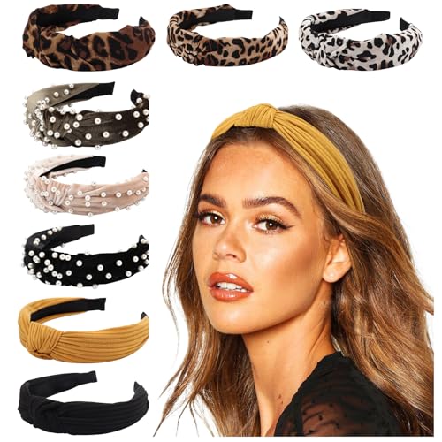 DRESHOW 8 Pack Wide Turban Headbands - Ribbing, Pearl, Leopard Print