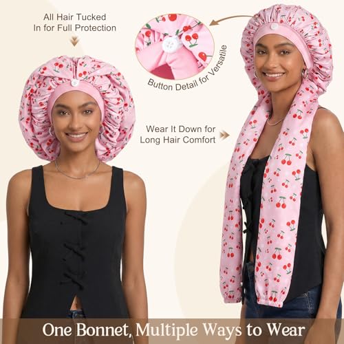 Aileam Long Braid Bonnet for Sleeping - Pink Cherries Samurai Hair Wrap