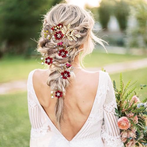 LAPOHI 5 Pcs Bridal Wedding Hair Pins Crystal Pearl Flower & Burgundy Headpiece