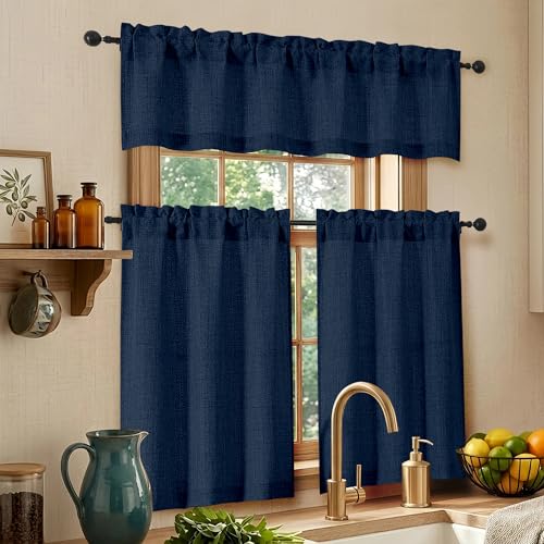 Gwine Navy Blue Short Kitchen Curtains - 30 Inch Light Filtering Drapes, 2 Panels