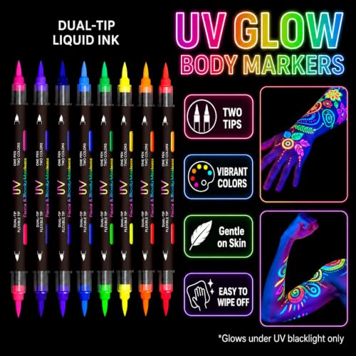 16 Colors Glow in The Dark Face Paint Markers - Black UV Neon Body Paint Pens