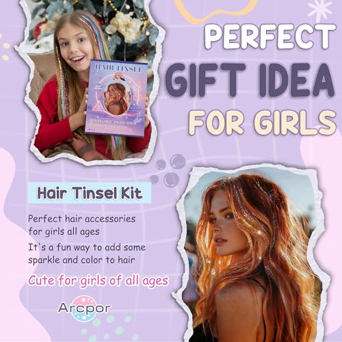 Hair Tinsel, 18 Colors Fairy Hair Tinsel Kit for Teen Girls 8600 Strands Heat Resistant Glitter Hair Extensions for Christmas Party Festival(18 Colors 48 Inches)