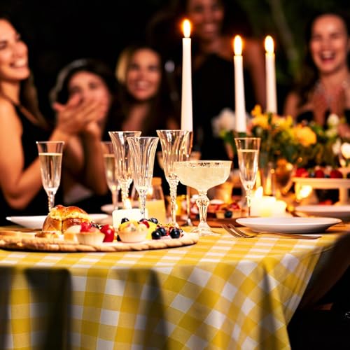 84" Disposable Plastic Tablecloths - 8 Pack Yellow Checkered Round Covers for Parties