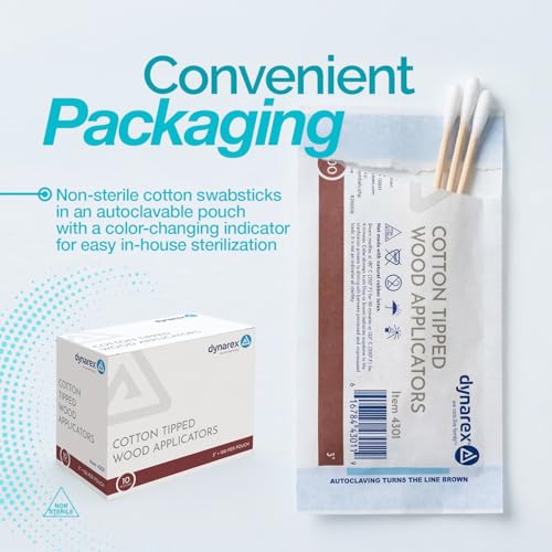 Dynarex Cotton Tipped Wood Applicators - 3" Non-Sterile Medical Swabs