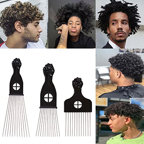 COOKOO 3 Pack Metal Afro Hair Combs - Wide Tooth Picks for Curly Hair