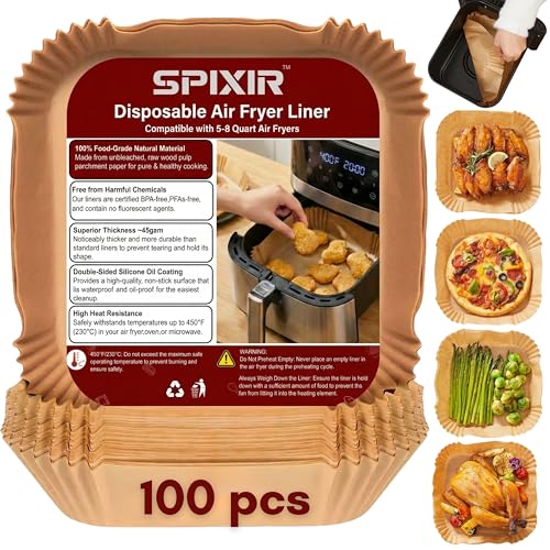 Heavy-Duty Air Fryer Paper Liners - 100 Pcs, 8" Square, Non-Stick